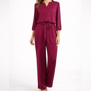 Olive + Oak Festival Fuchsia Long Sleeve Tie Waist Jumpsuit Size L NWT